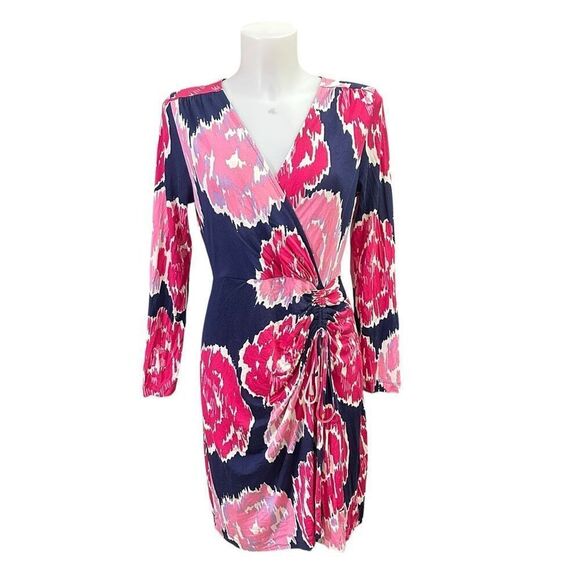 Lilly Pulitzer Augusta Pink and Navy Floral Dress Ruched Surplice Silk sz L‎ - Picture 1 of 10